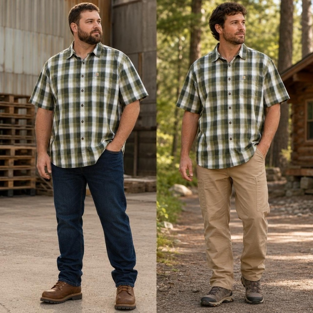 Carhartt Men's Plaid Shirt 2XL Green Relaxed‎ Fit Cotton Short Sleeve Workwear